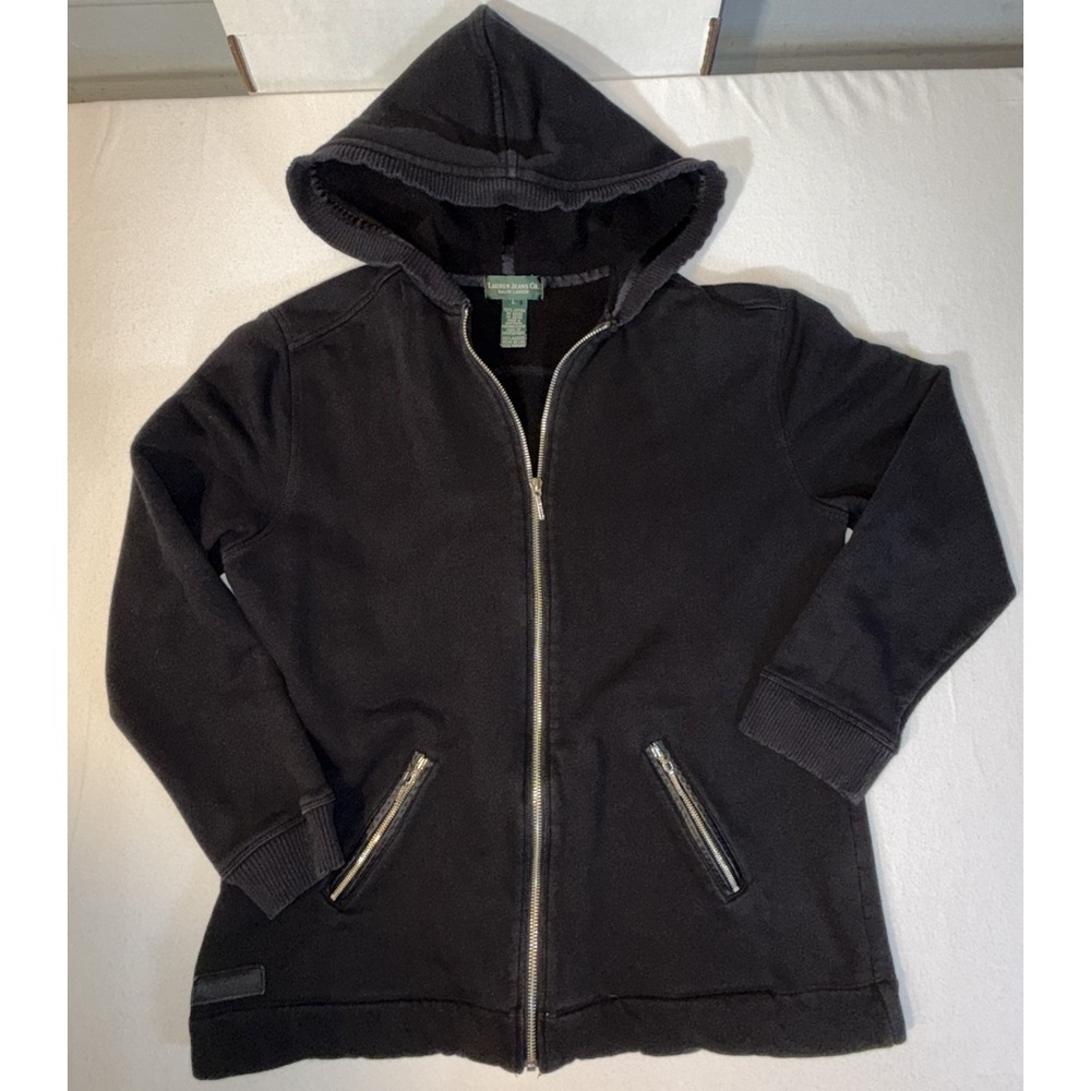 Ralph Lauren Lauren Jeans Full Zip Moto Hoodie Size L Black Gold Leather Accent